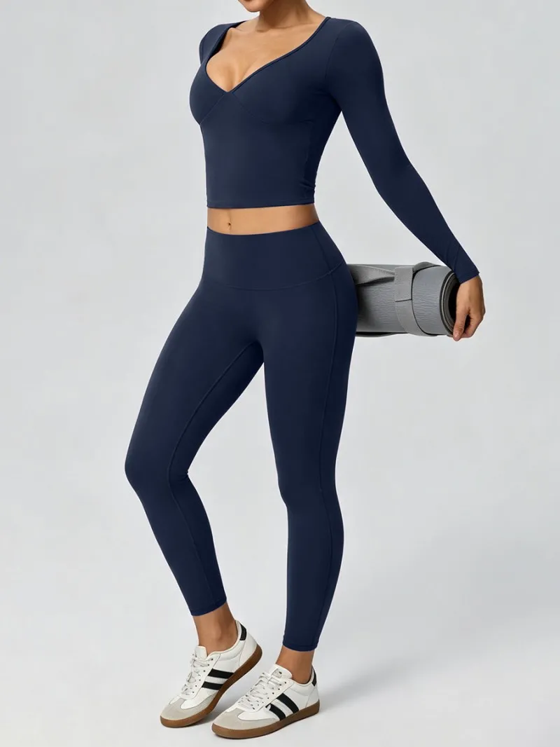 Yoga Set Women's Long Sleeve Butt Lifting Leggings Comfortable Soft Gym Running Activewear FGB62628+52341