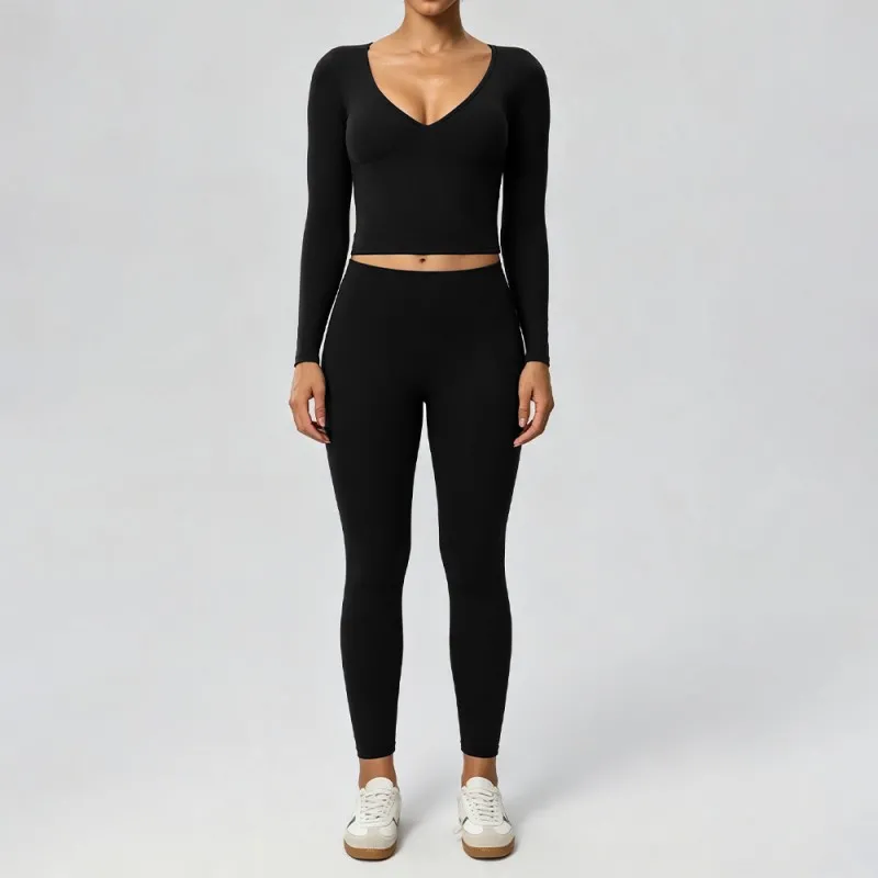 Yoga Set Women's Long Sleeve Butt Lifting Leggings Comfortable Soft Gym Running Activewear FGB62628+52341