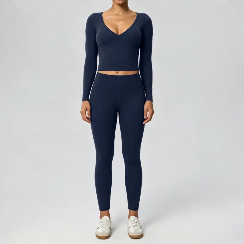 Yoga Set Women's Long Sleeve Butt Lifting Leggings Comfortable Soft Gym Running Activewear FGB62628+52341