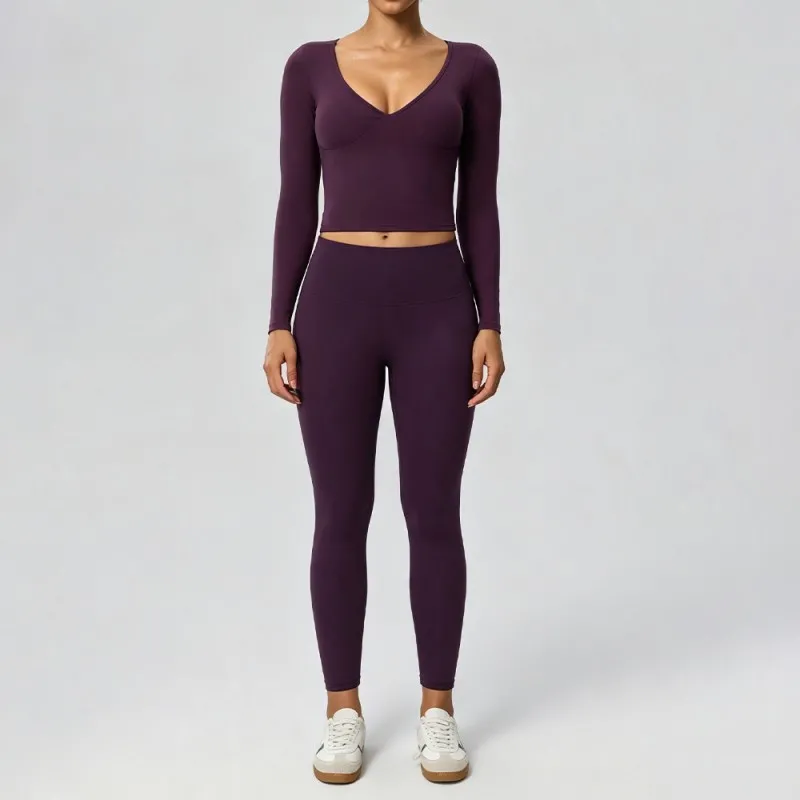 Yoga Set Women's Long Sleeve Butt Lifting Leggings Comfortable Soft Gym Running Activewear FGB62628+52341