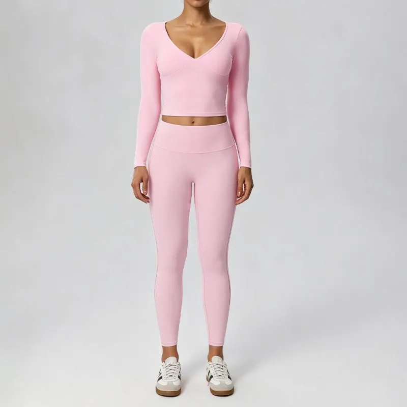 Yoga Set Women's Long Sleeve Butt Lifting Leggings Comfortable Soft Gym Running Activewear FGB62628+52341