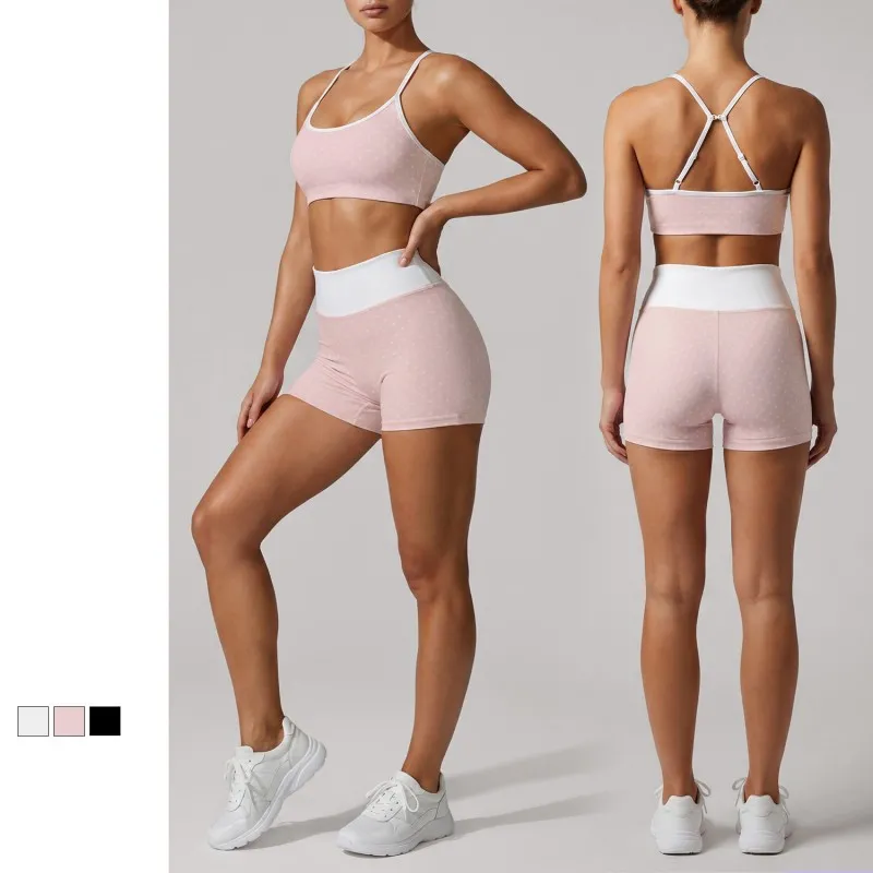 Women Polka Dot Pilates Outfit Set Ladies 2 Piece Bra and Short Pilates Workout Set FGBLD2660