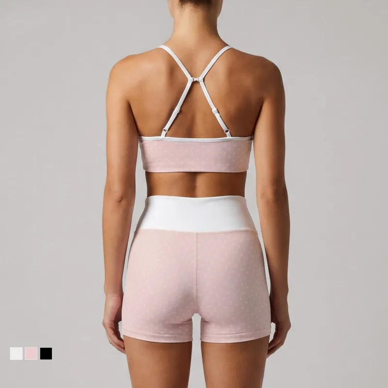 Women Polka Dot Pilates Outfit Set Ladies 2 Piece Bra and Short Pilates Workout Set FGBLD2660