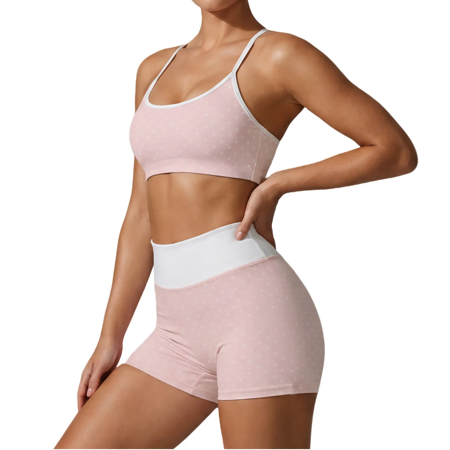 Women Polka Dot Pilates Outfit Set Ladies 2 Piece Bra and Short Pilates Workout Set FGBLD2660