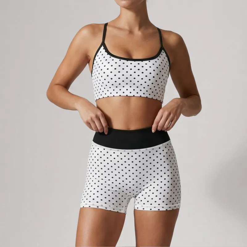 Women Polka Dot Pilates Outfit Set Ladies 2 Piece Bra and Short Pilates Workout Set FGBLD2660