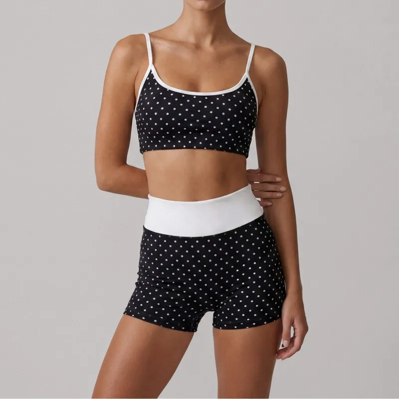 Women Polka Dot Pilates Outfit Set Ladies 2 Piece Bra and Short Pilates Workout Set FGBLD2660