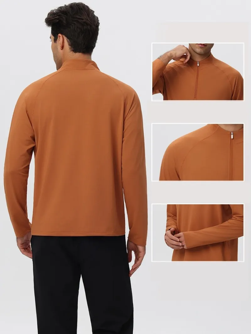 Sportswear Mens Long Sleeve 1/4 Zip Sport Shirts Bodybuilding Tshirts Outdoor Workout Gym Fitness Shirts EFGBYEL-61527