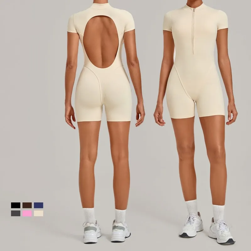 Hollowed Back Short Sleeve Zipper Jumpsuit Women's Fitness Yoga Exercise Jumpsuit FGB84057