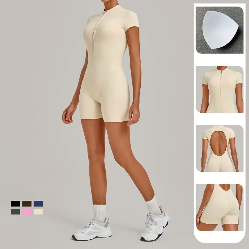 Hollowed Back Short Sleeve Zipper Jumpsuit Women's Fitness Yoga Exercise Jumpsuit FGB84057
