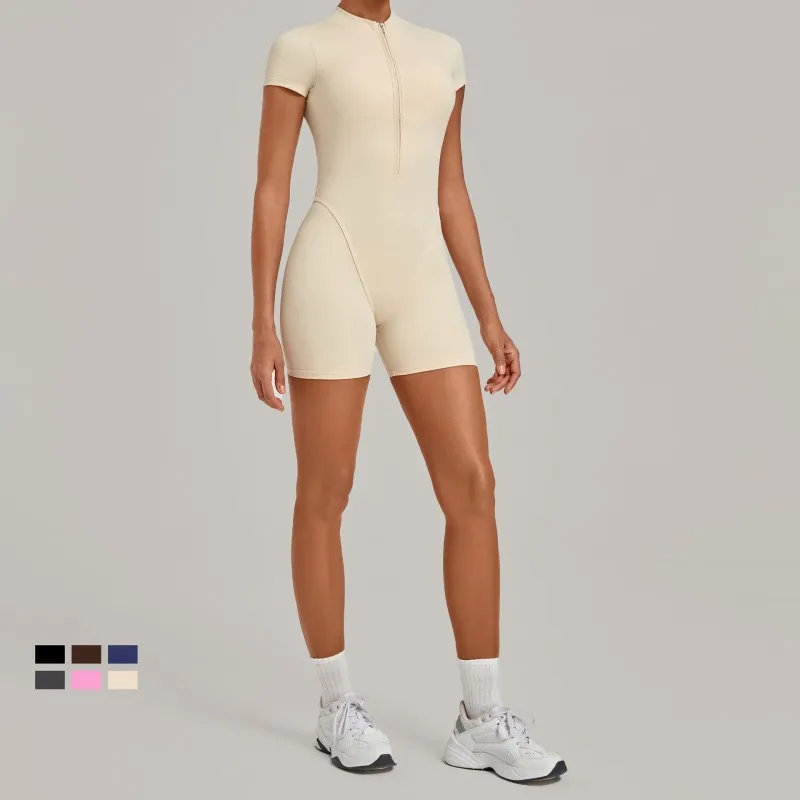 Hollowed Back Short Sleeve Zipper Jumpsuit Women's Fitness Yoga Exercise Jumpsuit FGB84057