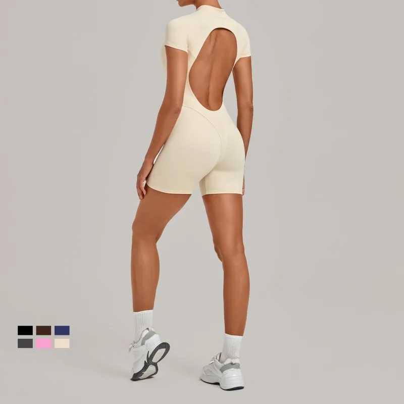 Hollowed Back Short Sleeve Zipper Jumpsuit Women's Fitness Yoga Exercise Jumpsuit FGB84057