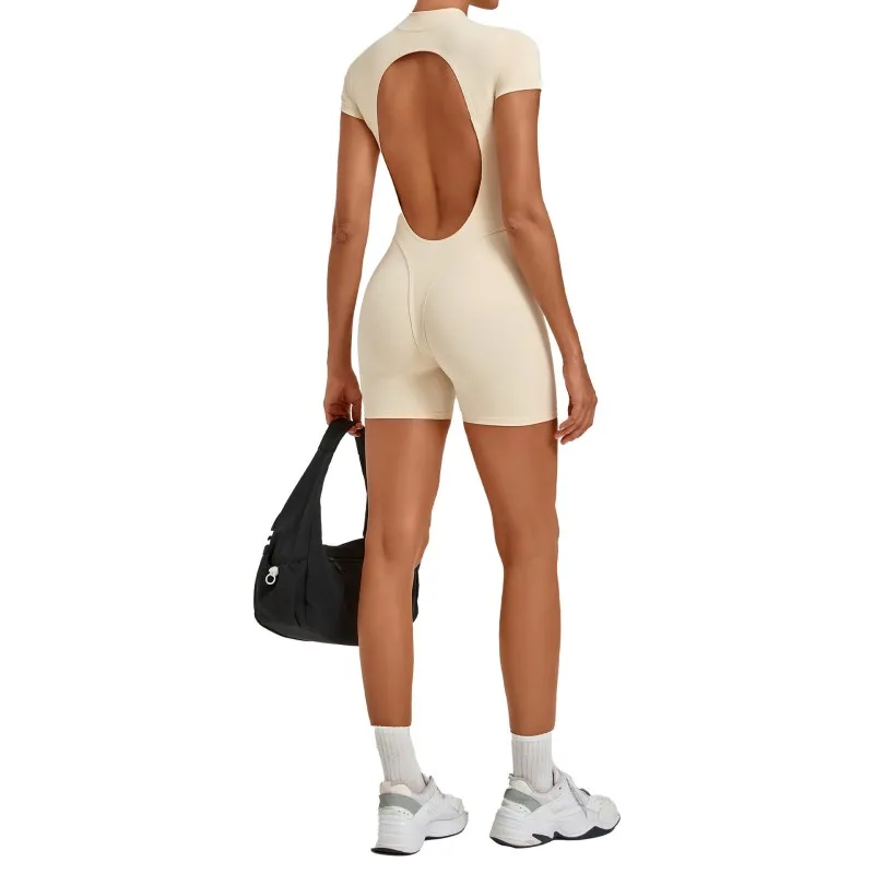 Hollowed Back Short Sleeve Zipper Jumpsuit Women's Fitness Yoga Exercise Jumpsuit FGB84057
