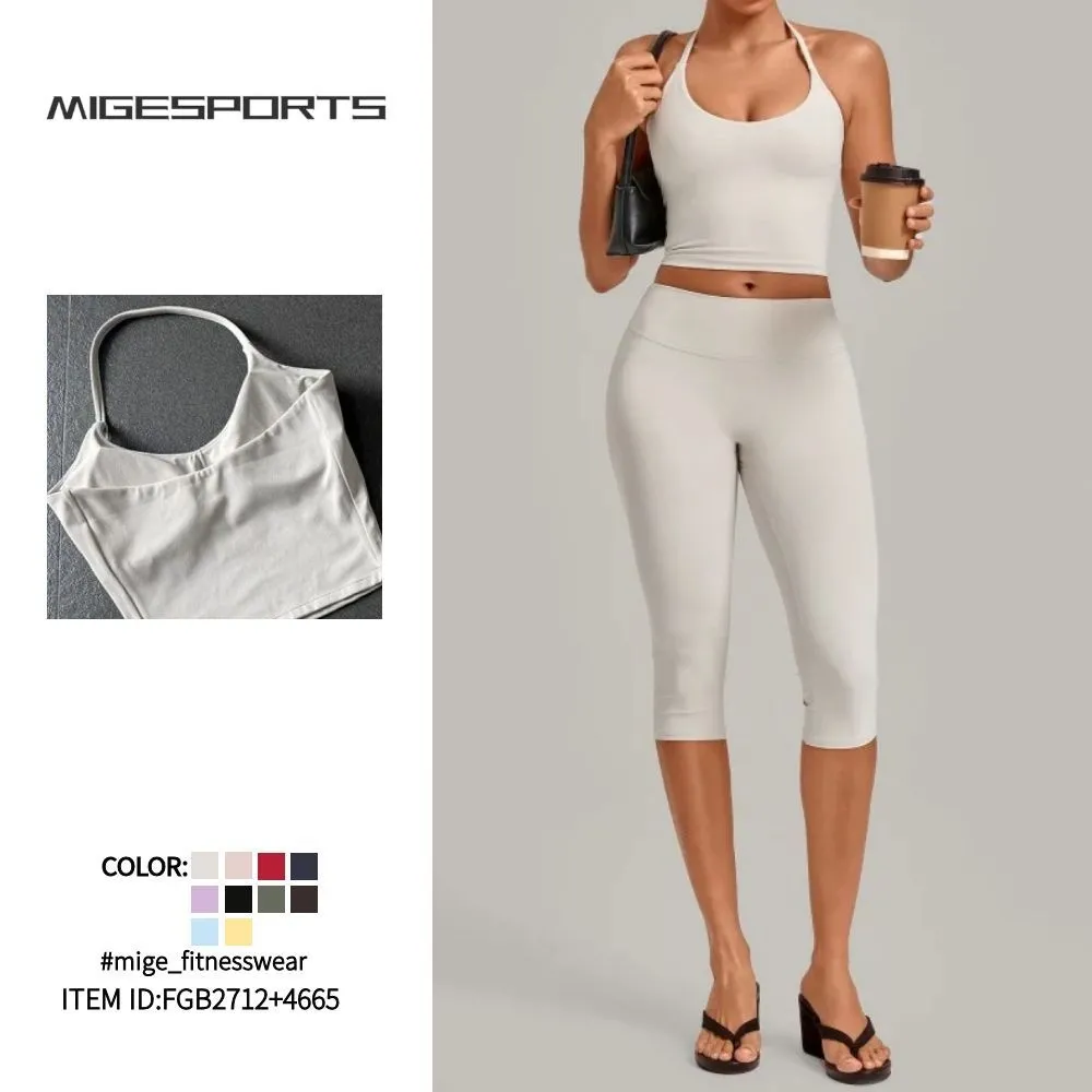 Woman 2 Piece Workout Outfits Running Activewear Sport Singlets and High Waist 3/4 Length Leggings Yoga Sets for Women FGB2712+4665