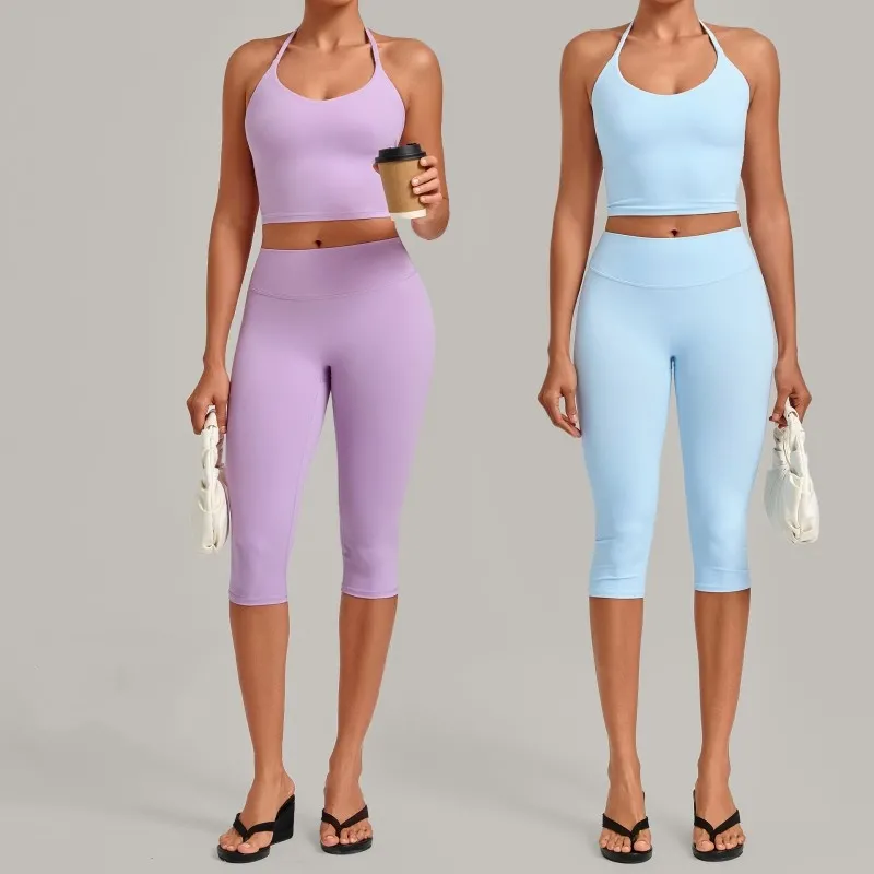 Woman 2 Piece Workout Outfits Running Activewear Sport Singlets and High Waist 3/4 Length Leggings Yoga Sets for Women FGB2712+4665