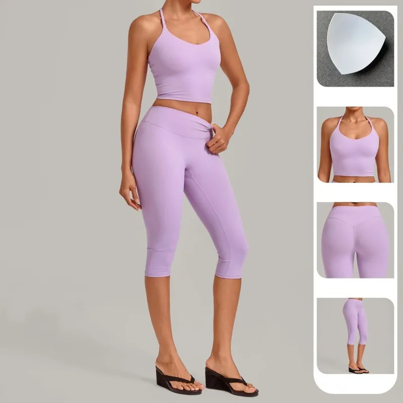 Woman 2 Piece Workout Outfits Running Activewear Sport Singlets and High Waist 3/4 Length Leggings Yoga Sets for Women FGB2712+4665