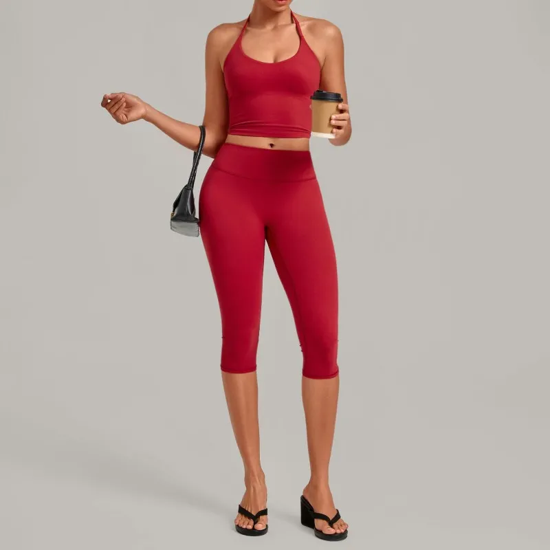 Woman 2 Piece Workout Outfits Running Activewear Sport Singlets and High Waist 3/4 Length Leggings Yoga Sets for Women FGB2712+4665