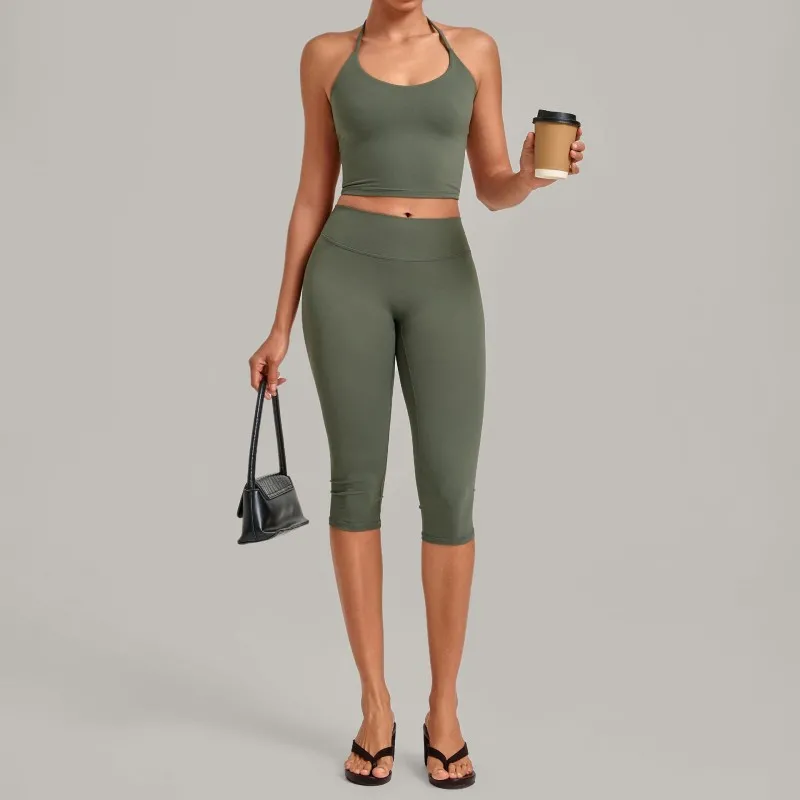 Khaki green singlets+3/4 length leggings