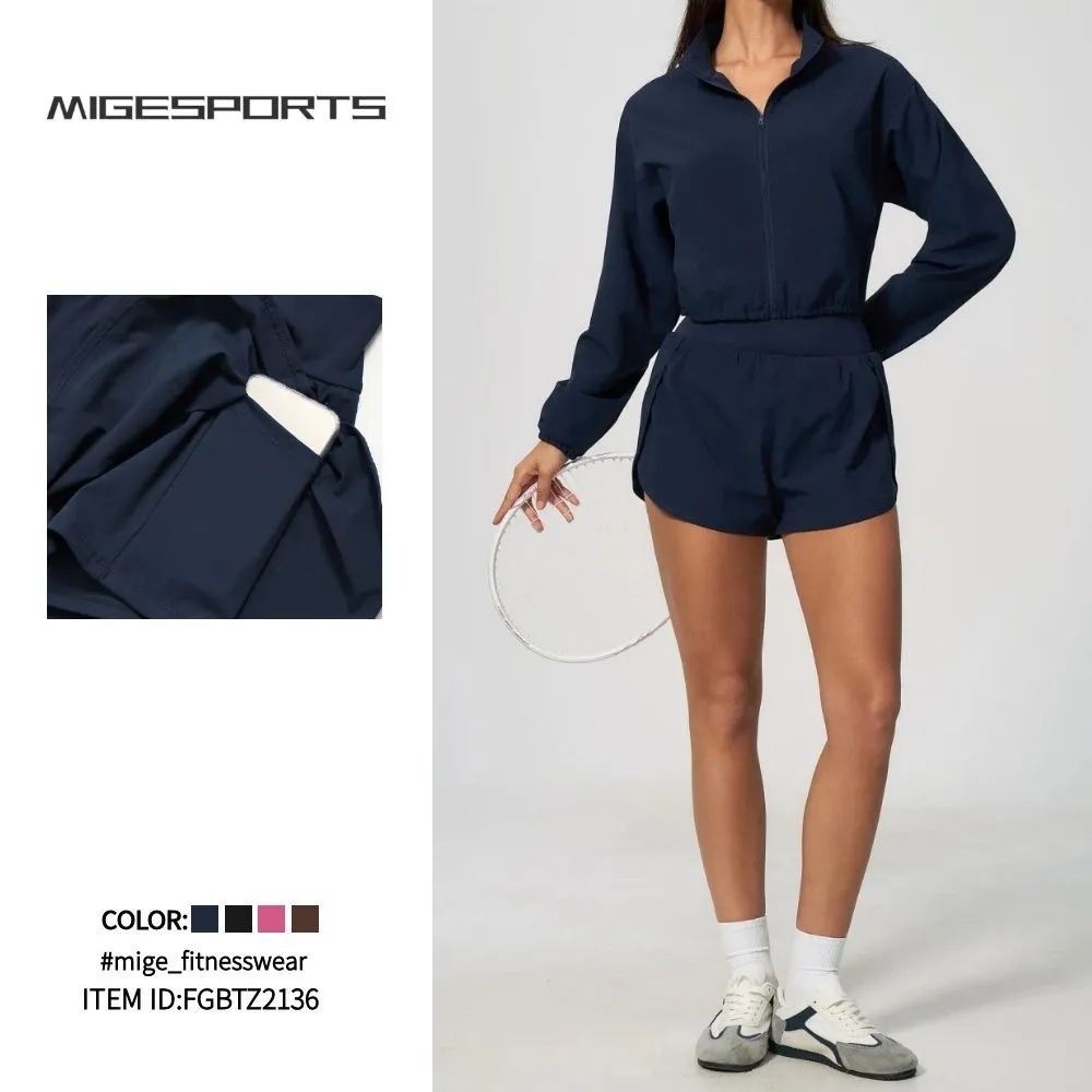 Wholesale Workout Long Sleeve Front Zip up Sleeve Loose Sports Jacket and Shorts Sets Yoga Gym Women Running Jackets Sets FGBTZ2136