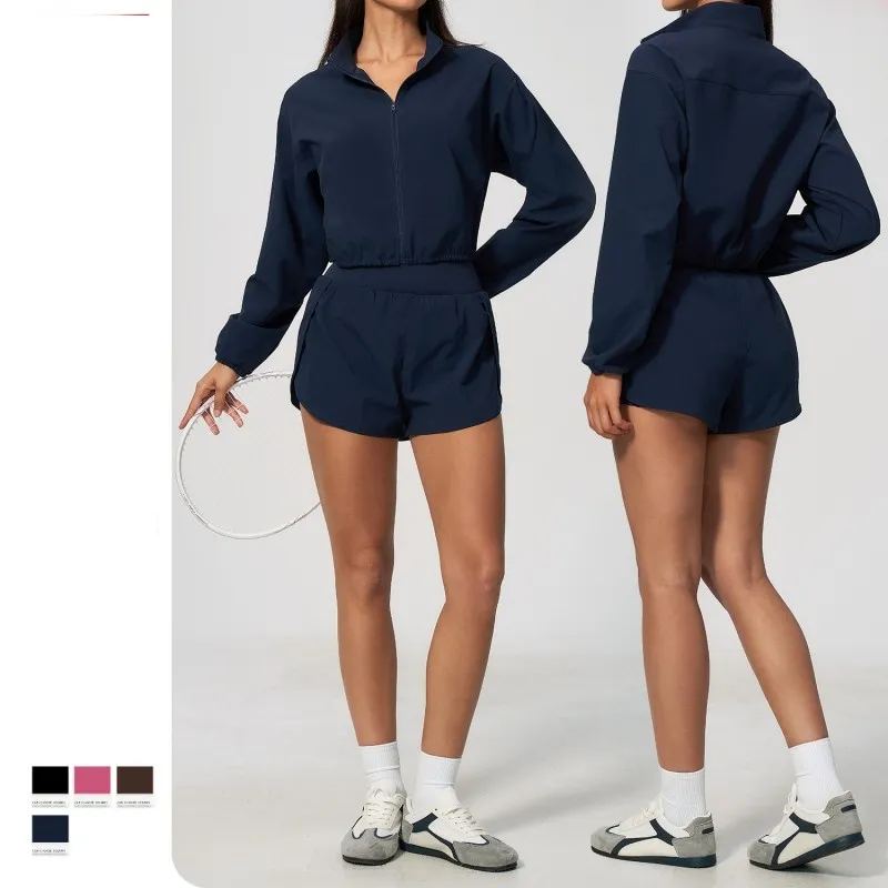 Wholesale Workout Long Sleeve Front Zip up Sleeve Loose Sports Jacket and Shorts Sets Yoga Gym Women Running Jackets Sets FGBTZ2136