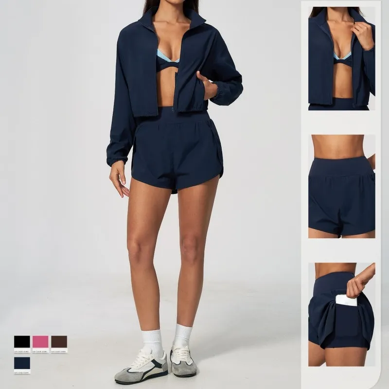Wholesale Workout Long Sleeve Front Zip up Sleeve Loose Sports Jacket and Shorts Sets Yoga Gym Women Running Jackets Sets FGBTZ2136