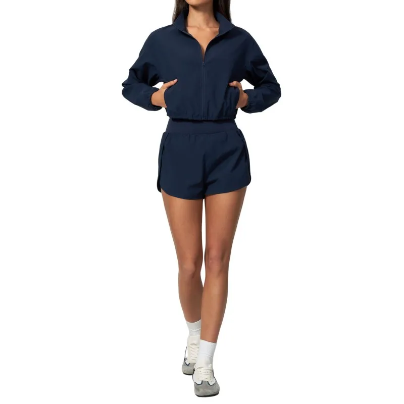 Wholesale Workout Long Sleeve Front Zip up Sleeve Loose Sports Jacket and Shorts Sets Yoga Gym Women Running Jackets Sets FGBTZ2136