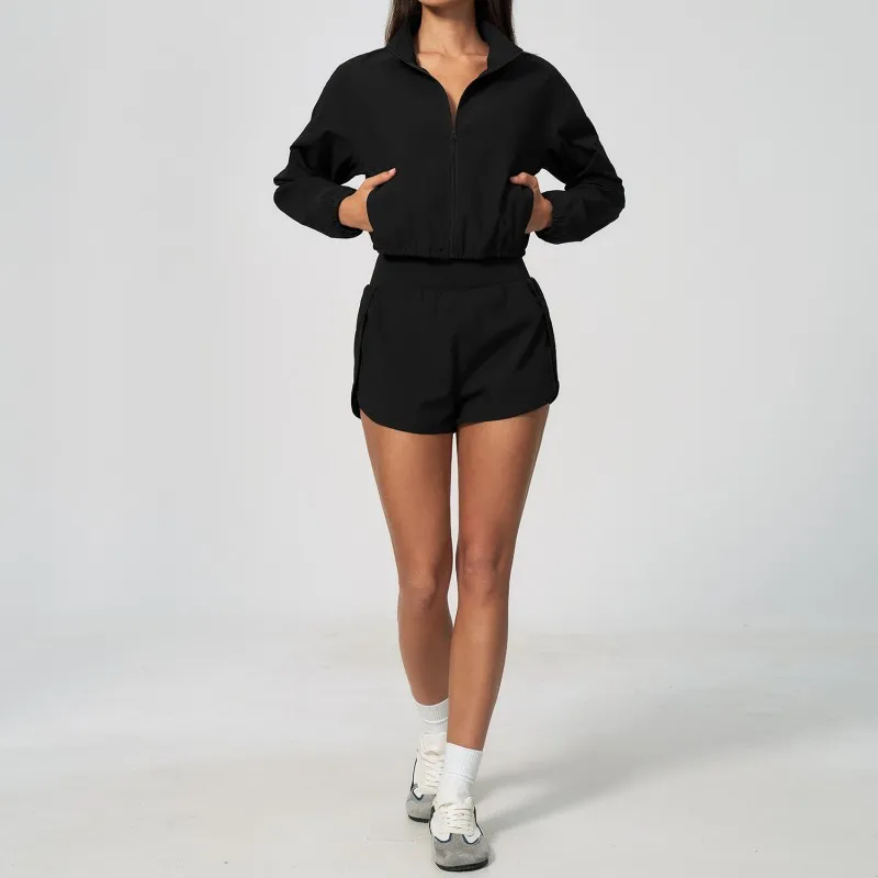 Wholesale Workout Long Sleeve Front Zip up Sleeve Loose Sports Jacket and Shorts Sets Yoga Gym Women Running Jackets Sets FGBTZ2136