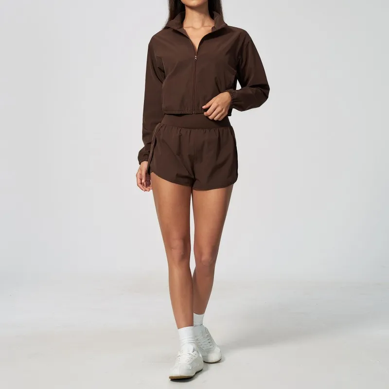 Wholesale Workout Long Sleeve Front Zip up Sleeve Loose Sports Jacket and Shorts Sets Yoga Gym Women Running Jackets Sets FGBTZ2136