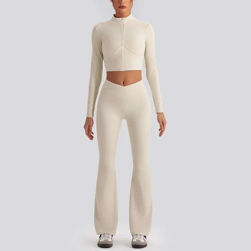 Beige jackets+bell-bottom pants