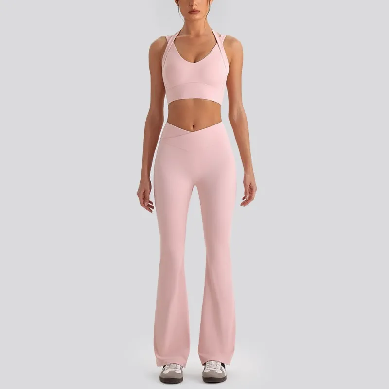 Pink bra+bell-bottom pants