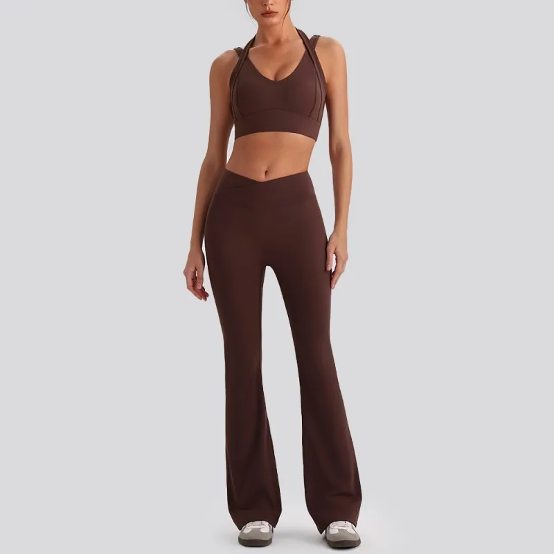 Brown bra+bell-bottom pants