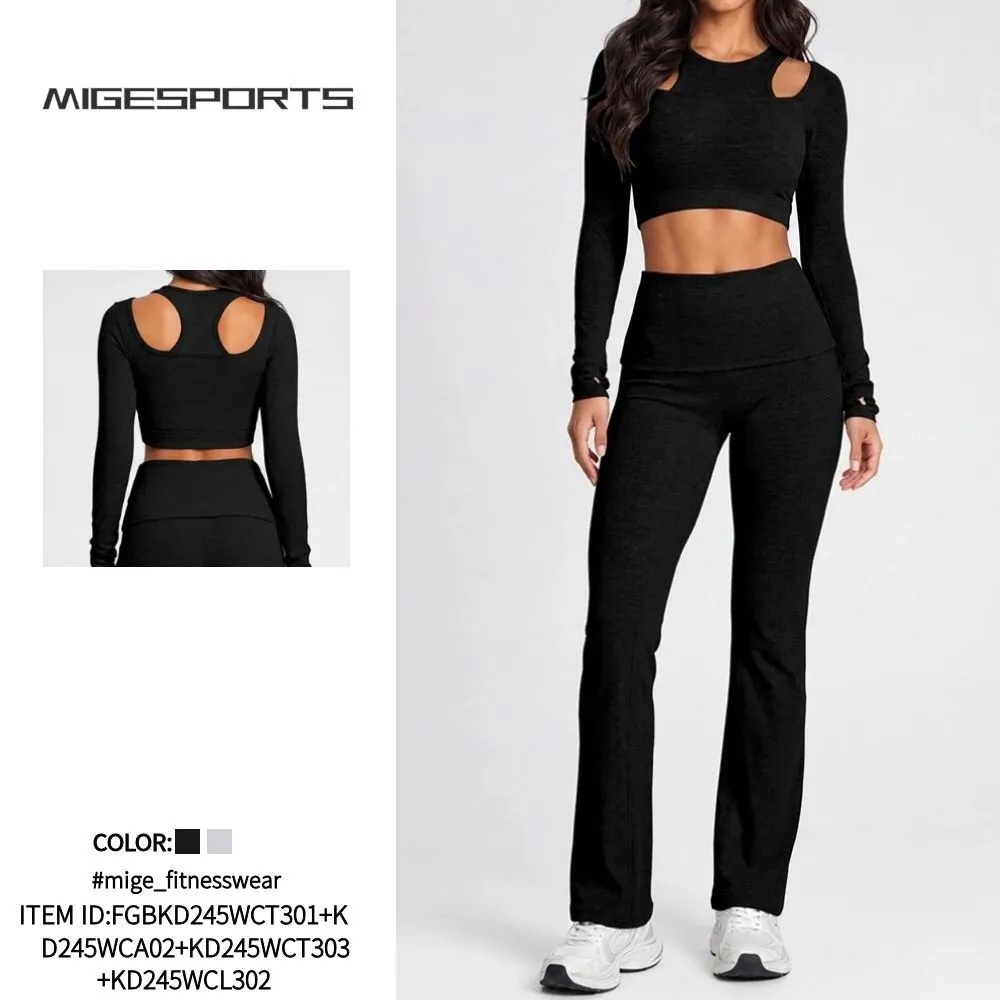 Yoga Set 4 Piece Women High Waist Fitness Shorts and Pants Long Sleeve Workout Clothing FGBKD245WCT301+KD245WCA02+KD245WCT303+KD245WCL302