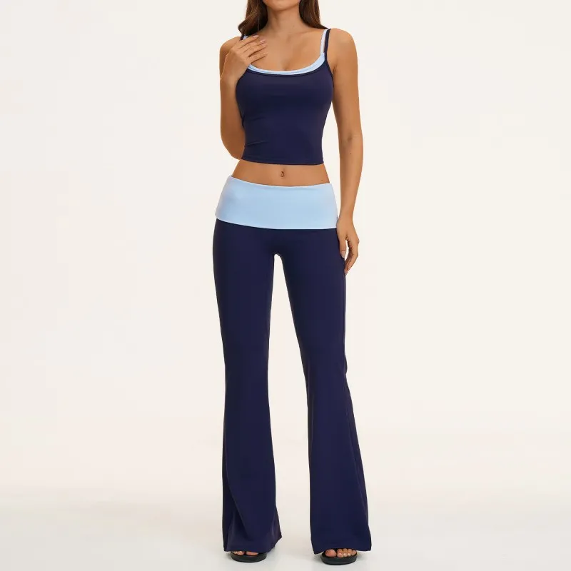 Navy singlets+bell-bottom pants