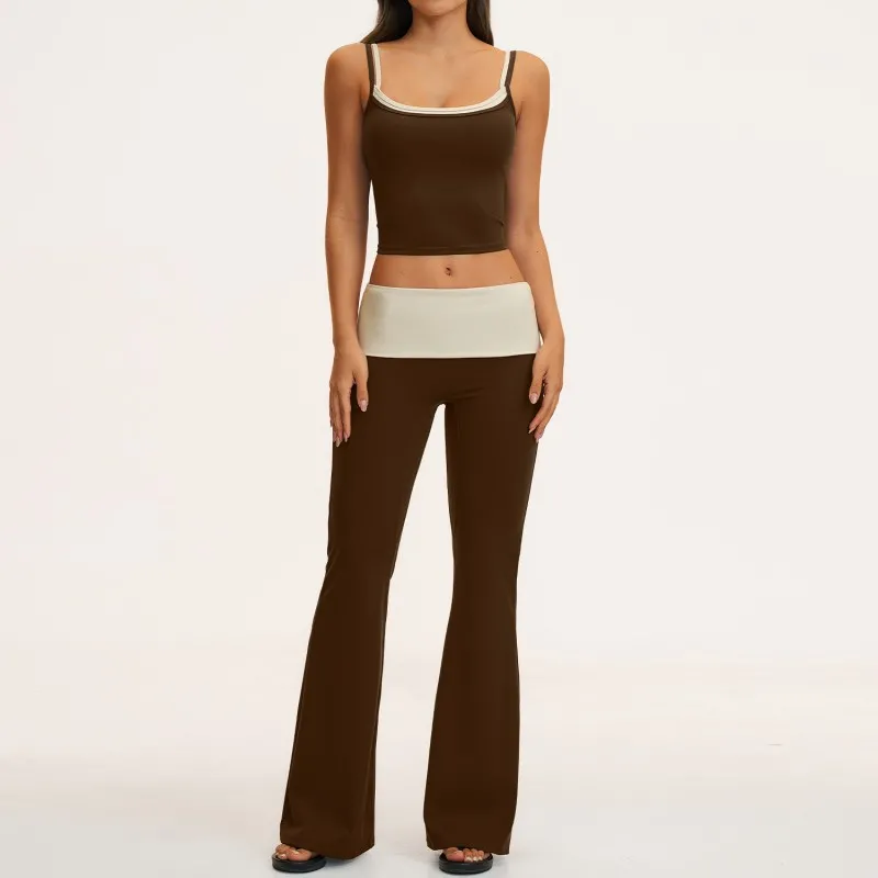 Coffee singlets+bell-bottom pants