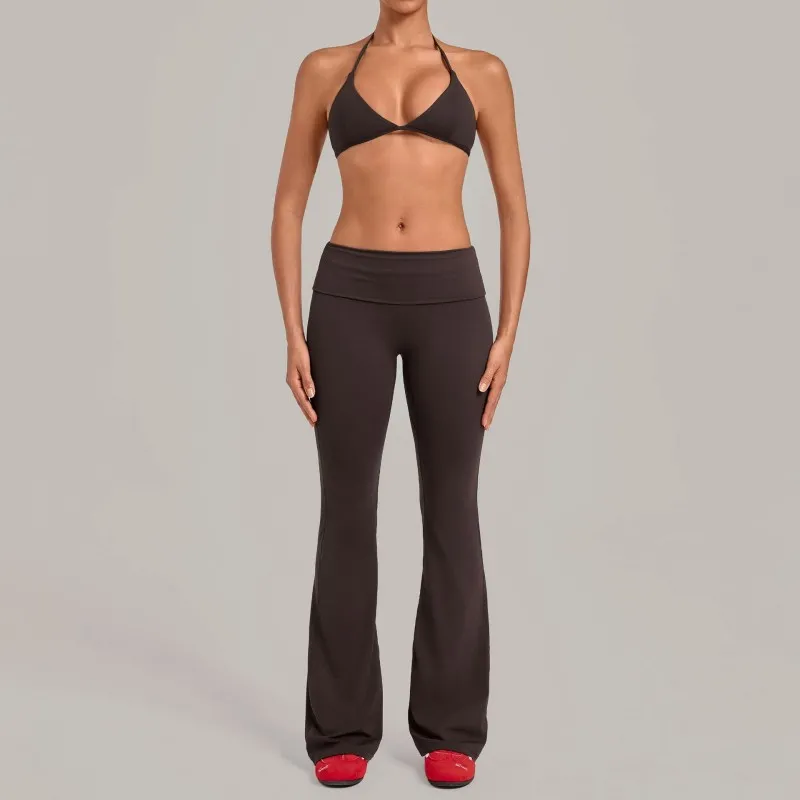 Coffee bra+bell-bottom pants