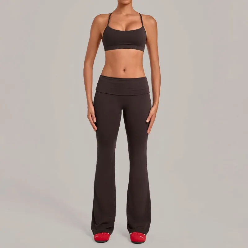Coffee bra+bell-bottom pants