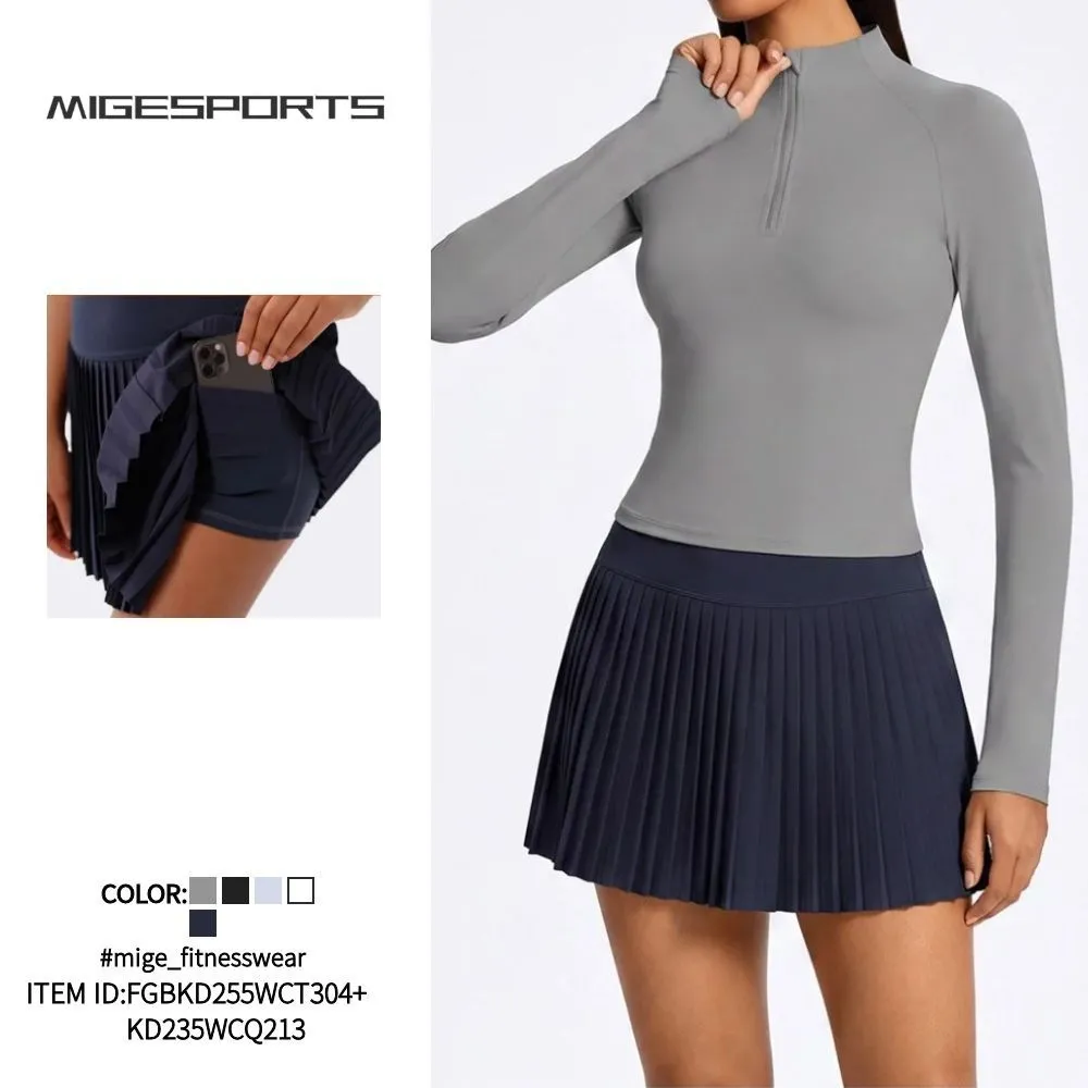 Women Sports Long Sleeve Tennis Skirts Two Pieces Sets Fitness Yoga Wear Set FGBKD255WCT304+KD235WCQ213