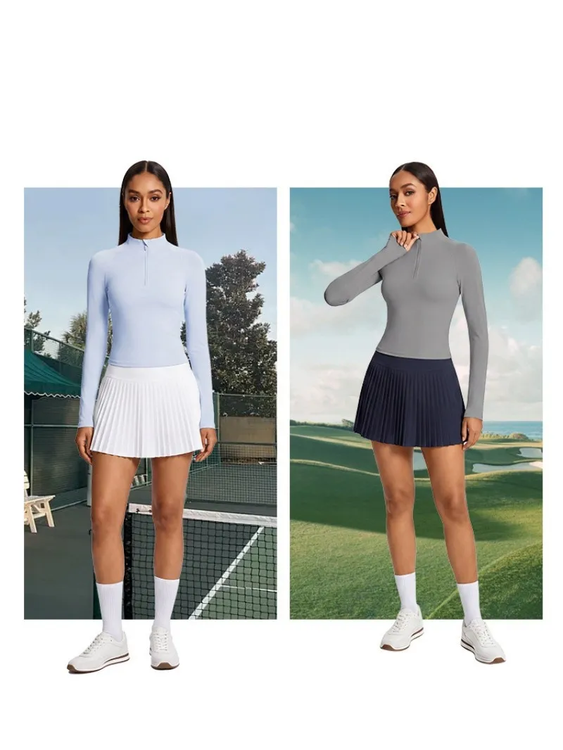 Women Sports Long Sleeve Tennis Skirts Two Pieces Sets Fitness Yoga Wear Set FGBKD255WCT304+KD235WCQ213