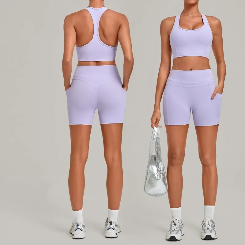 Women's Solid Color Quick-drying Yoga Clothing Set Fitness Bra Shorts for Outdoor Sports FGB5293+2116