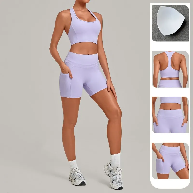 Women's Solid Color Quick-drying Yoga Clothing Set Fitness Bra Shorts for Outdoor Sports FGB5293+2116