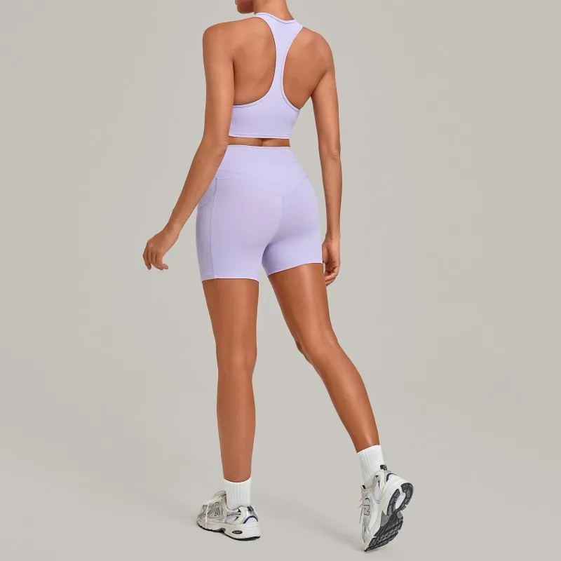 Women's Solid Color Quick-drying Yoga Clothing Set Fitness Bra Shorts for Outdoor Sports FGB5293+2116