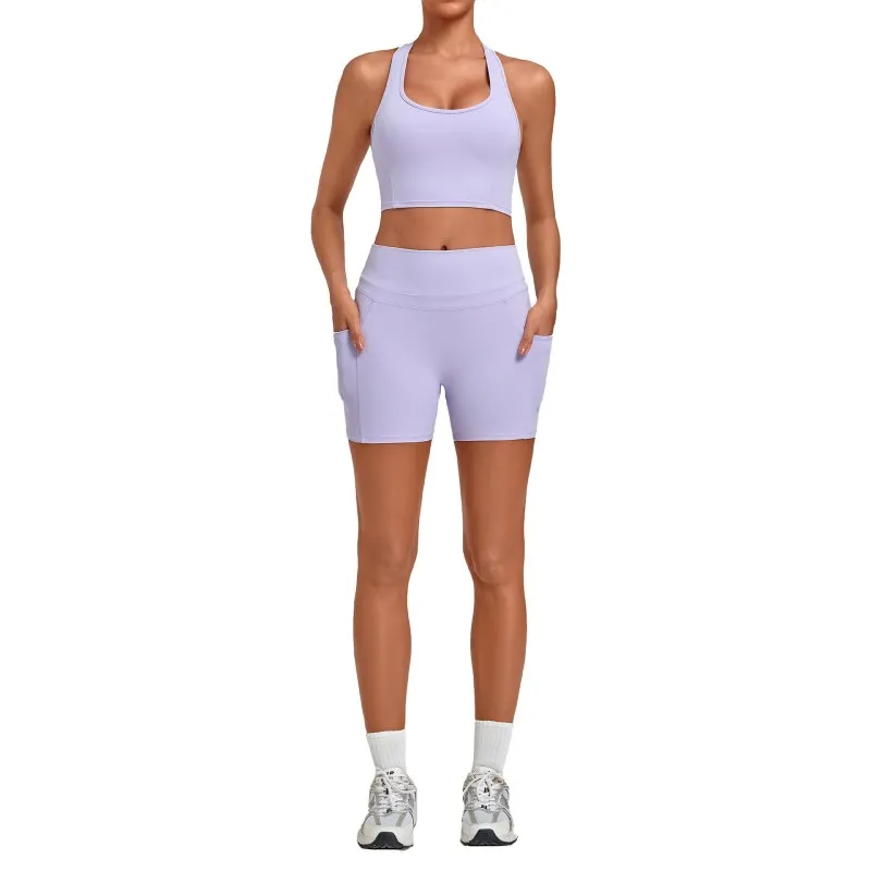 Women's Solid Color Quick-drying Yoga Clothing Set Fitness Bra Shorts for Outdoor Sports FGB5293+2116