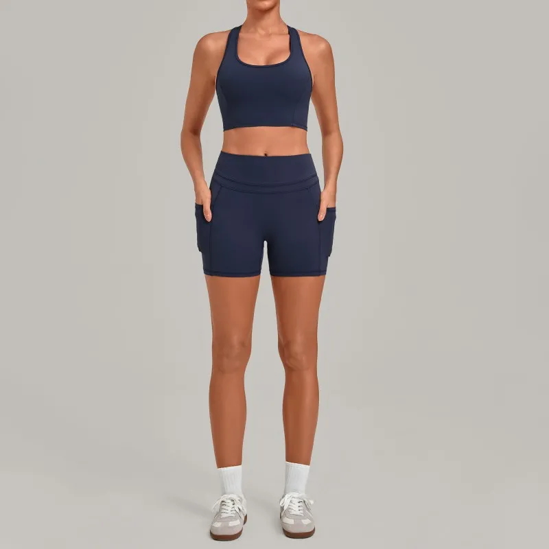 Women's Solid Color Quick-drying Yoga Clothing Set Fitness Bra Shorts for Outdoor Sports FGB5293+2116