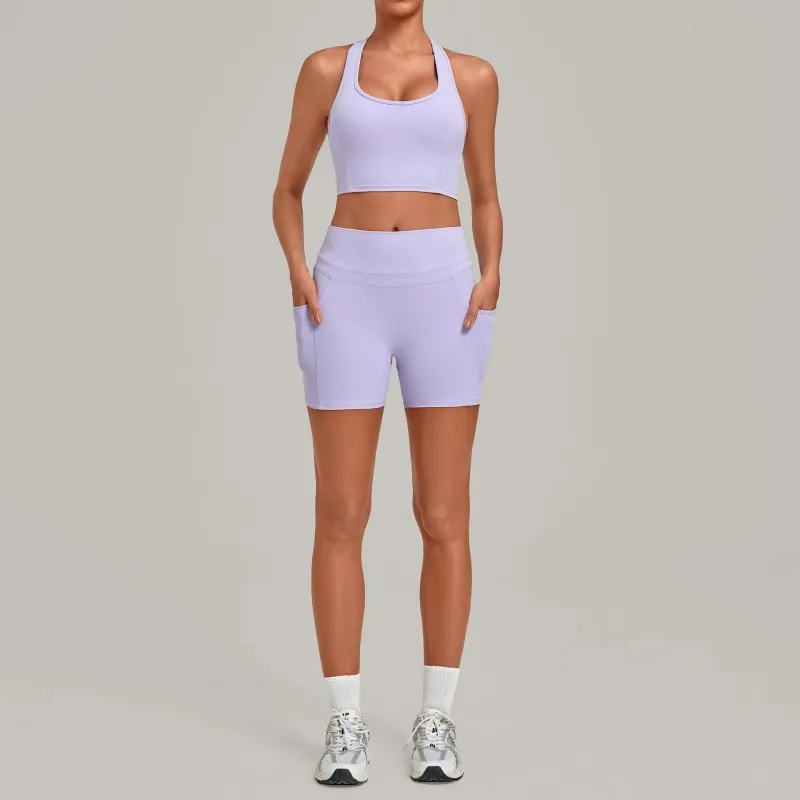 Women's Solid Color Quick-drying Yoga Clothing Set Fitness Bra Shorts for Outdoor Sports FGB5293+2116