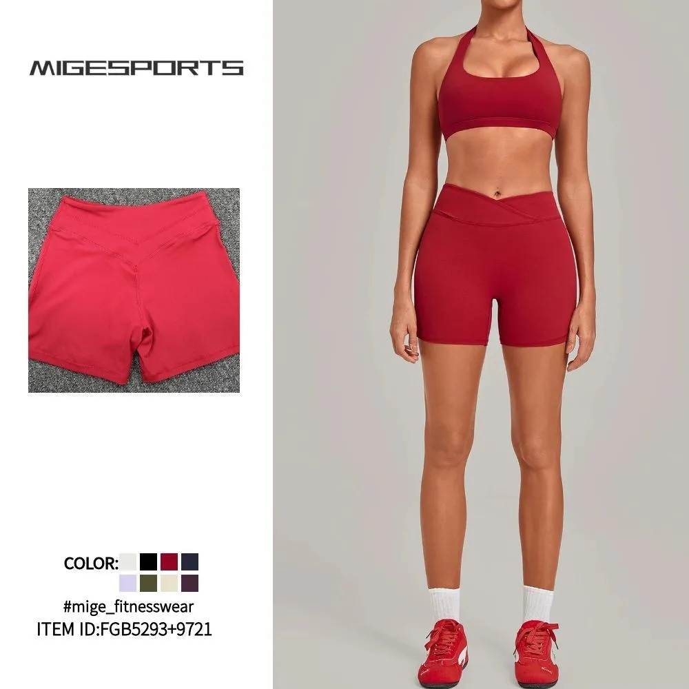 Sports Bra with High-Elastic Halter Neck Cross-Waist Fitness Shorts Yoga Wear Breathable Solid Set FGB5423+9721