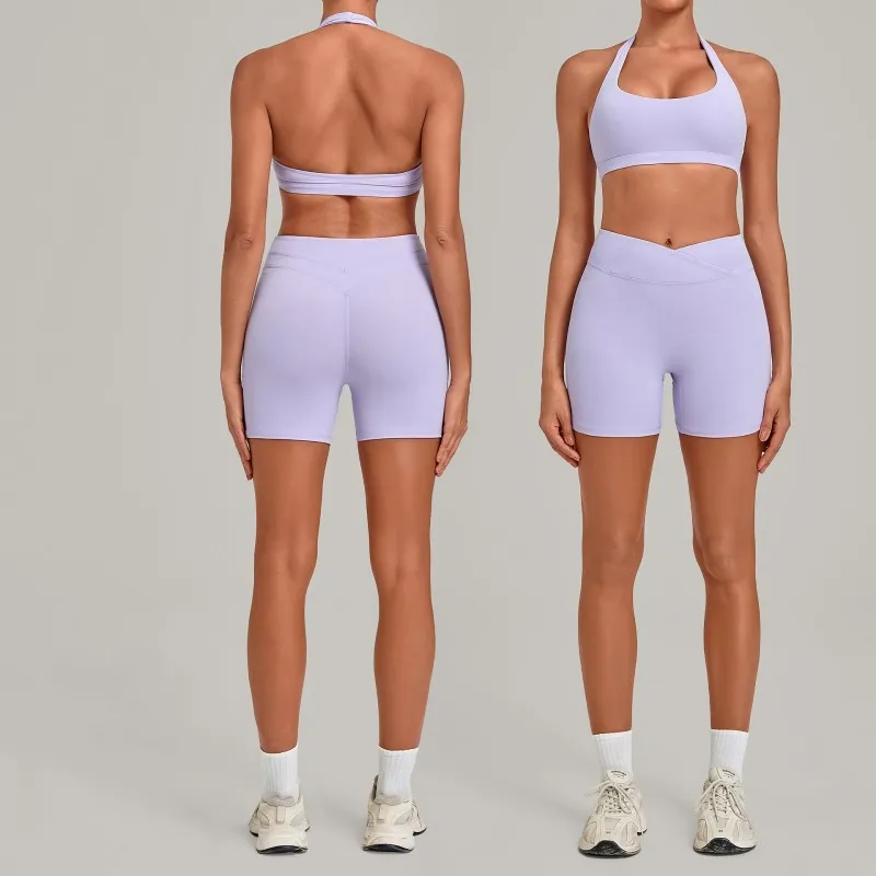Sports Bra with High-Elastic Halter Neck Cross-Waist Fitness Shorts Yoga Wear Breathable Solid Set FGB5423+9721