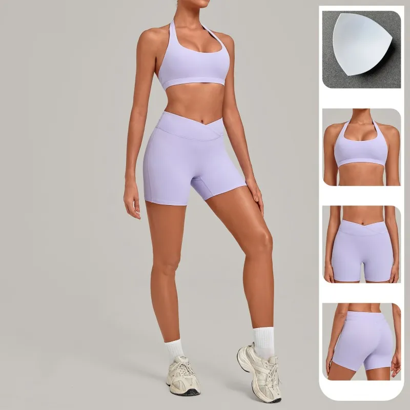 Sports Bra with High-Elastic Halter Neck Cross-Waist Fitness Shorts Yoga Wear Breathable Solid Set FGB5423+9721
