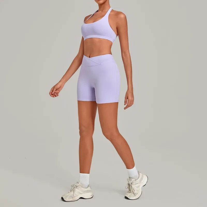 Sports Bra with High-Elastic Halter Neck Cross-Waist Fitness Shorts Yoga Wear Breathable Solid Set FGB5423+9721
