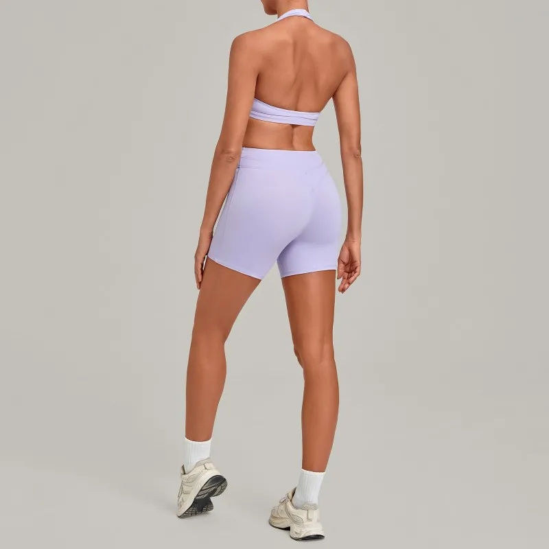 Sports Bra with High-Elastic Halter Neck Cross-Waist Fitness Shorts Yoga Wear Breathable Solid Set FGB5423+9721