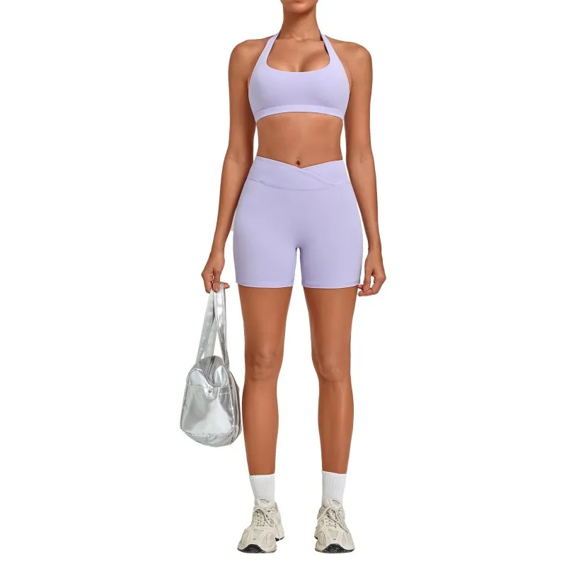 Sports Bra with High-Elastic Halter Neck Cross-Waist Fitness Shorts Yoga Wear Breathable Solid Set FGB5423+9721
