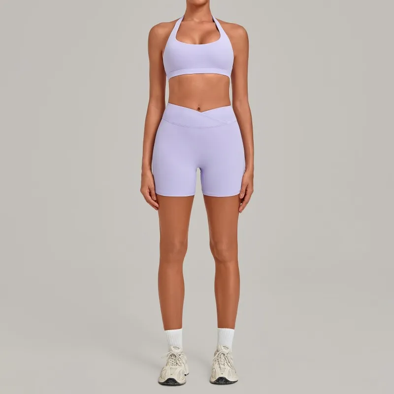 Sports Bra with High-Elastic Halter Neck Cross-Waist Fitness Shorts Yoga Wear Breathable Solid Set FGB5423+9721